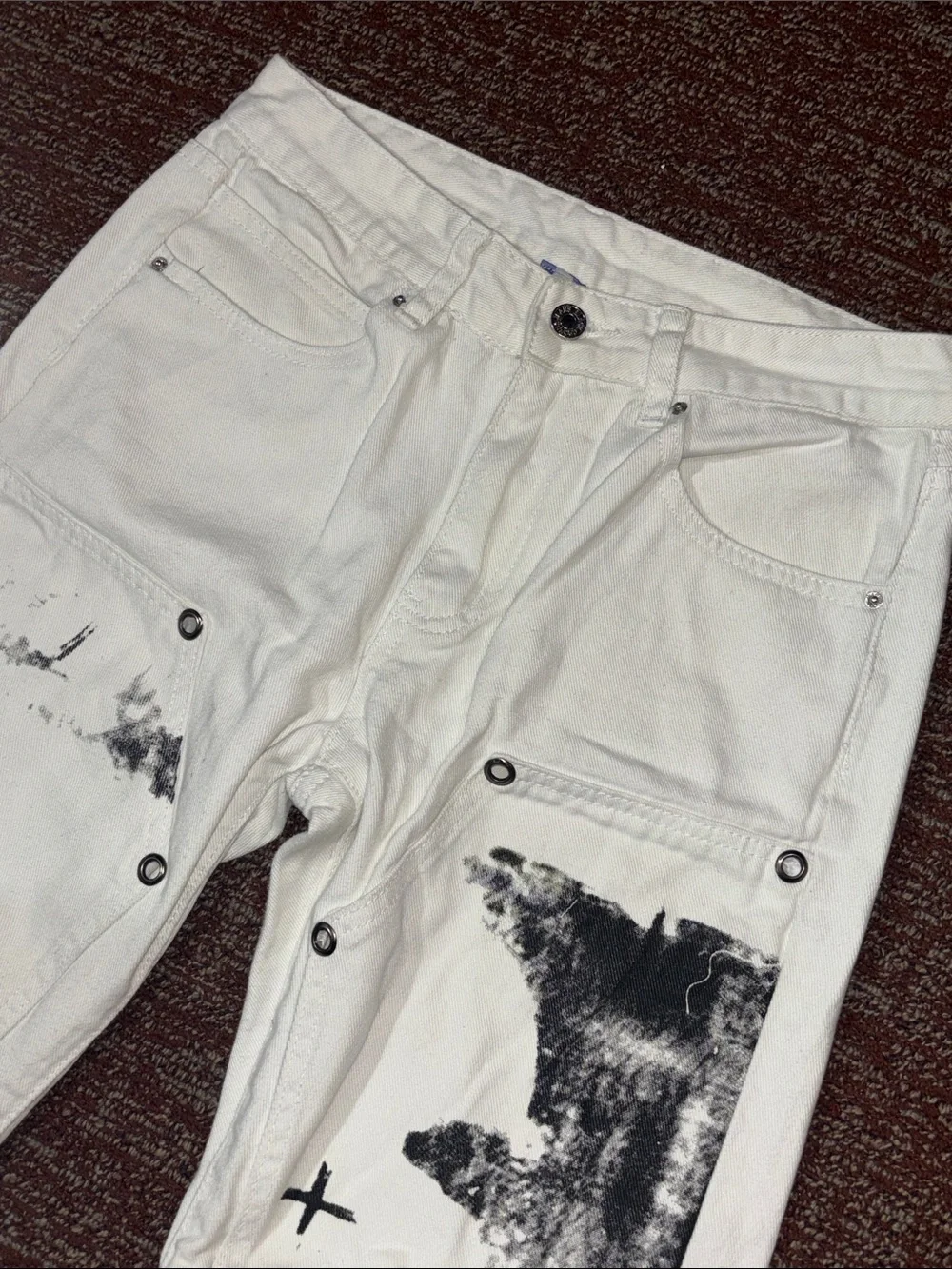 Aelfric Eden denim printed white grunge grommet accent jeans punk grunge pant 30